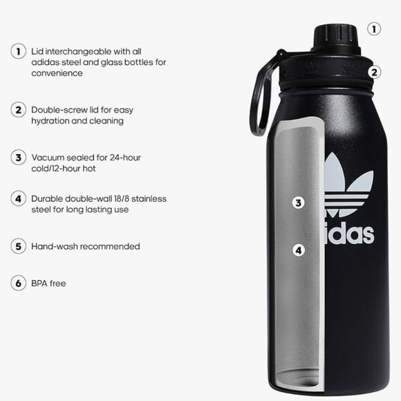 Adidas Originals 1 Liter (32 oz) Metal Water Bottle, Hot/Cold Double-Walled - Picture 4 of 9